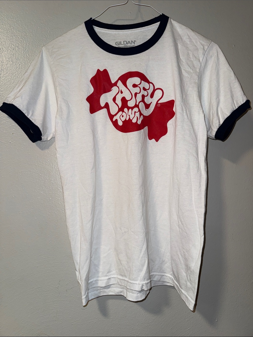 Gildan White Ringer Tee with Red Candy Logo and Navy Trim